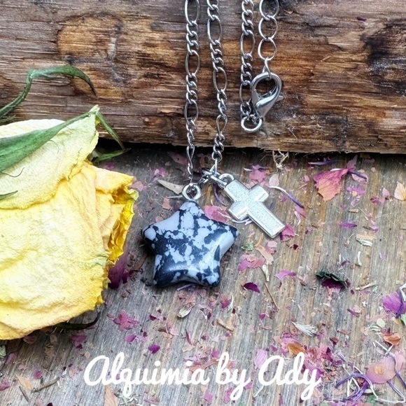 Star charms snowflake obsidian  boho necklace - Picture 1 of 7